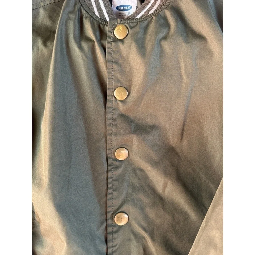 Old Navy Boys Olive Green Bomber Jacket Size‎ M 8 Snap Button Varsity Coat Kids